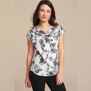 Maurices White Black Floral Blouse Cowl Neck Satin Size XL
